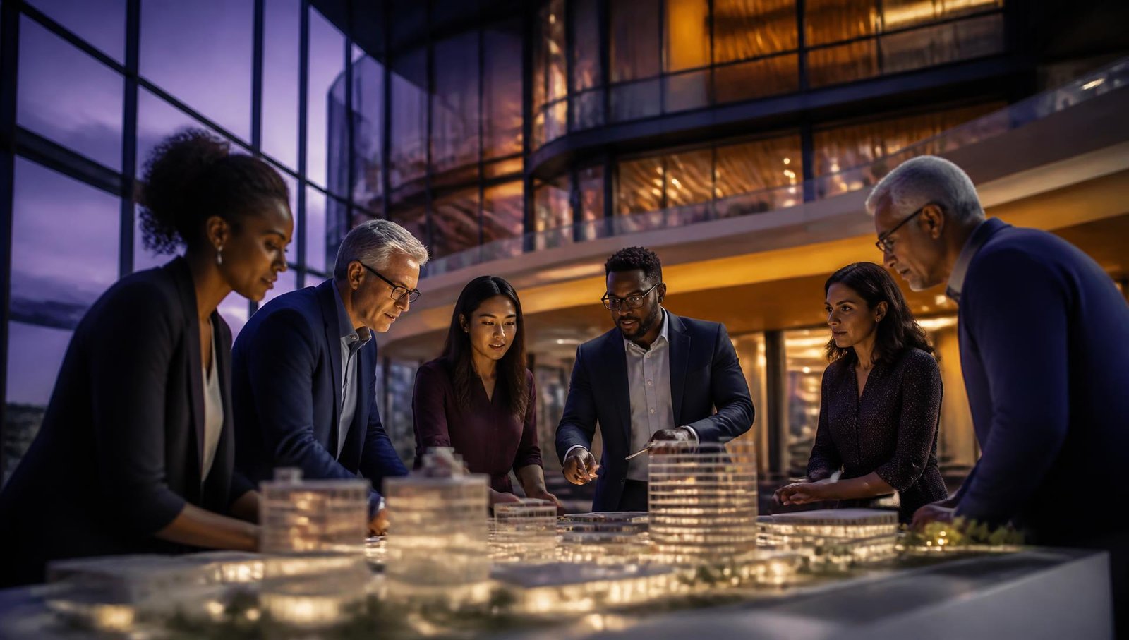 Professionals, engineers and community leaders collaborating in a light-filled atrium at dusk