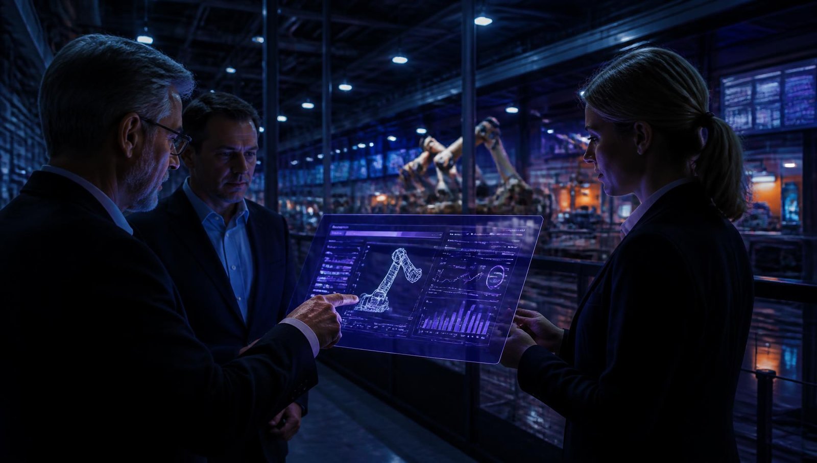 Executives reviewing a live operations dashboard on the floor of an advanced manufacturing plant