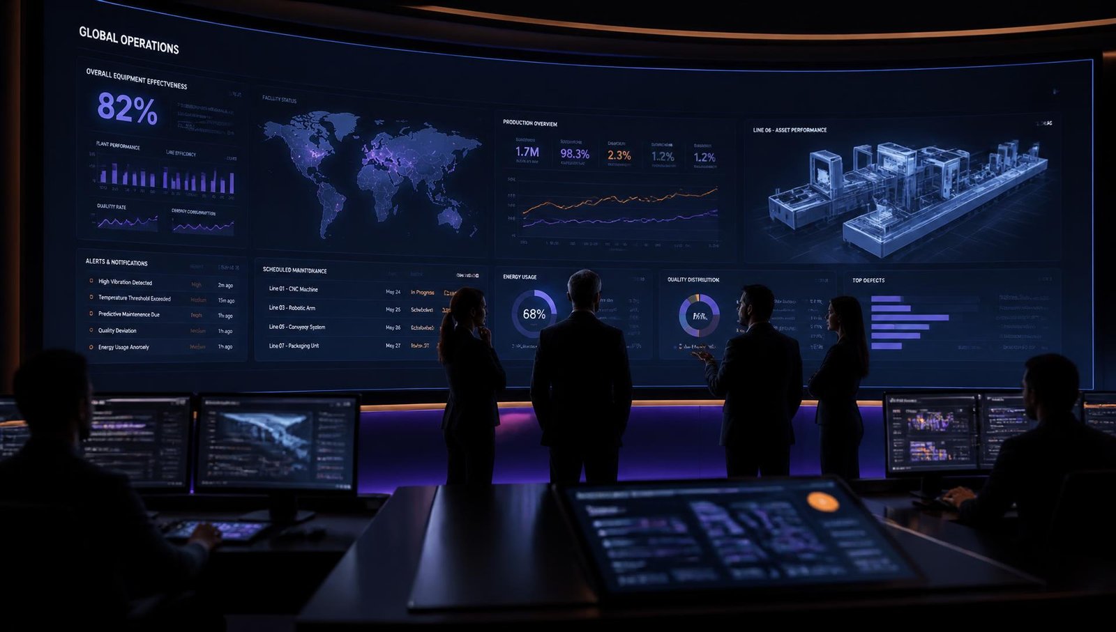 Executive team reviewing a live manufacturing operations command centre