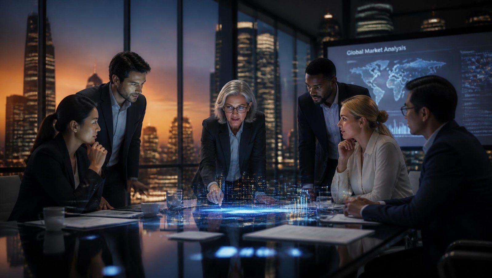 Global business leaders collaborating around a lit conference table in a modern headquarters at dusk