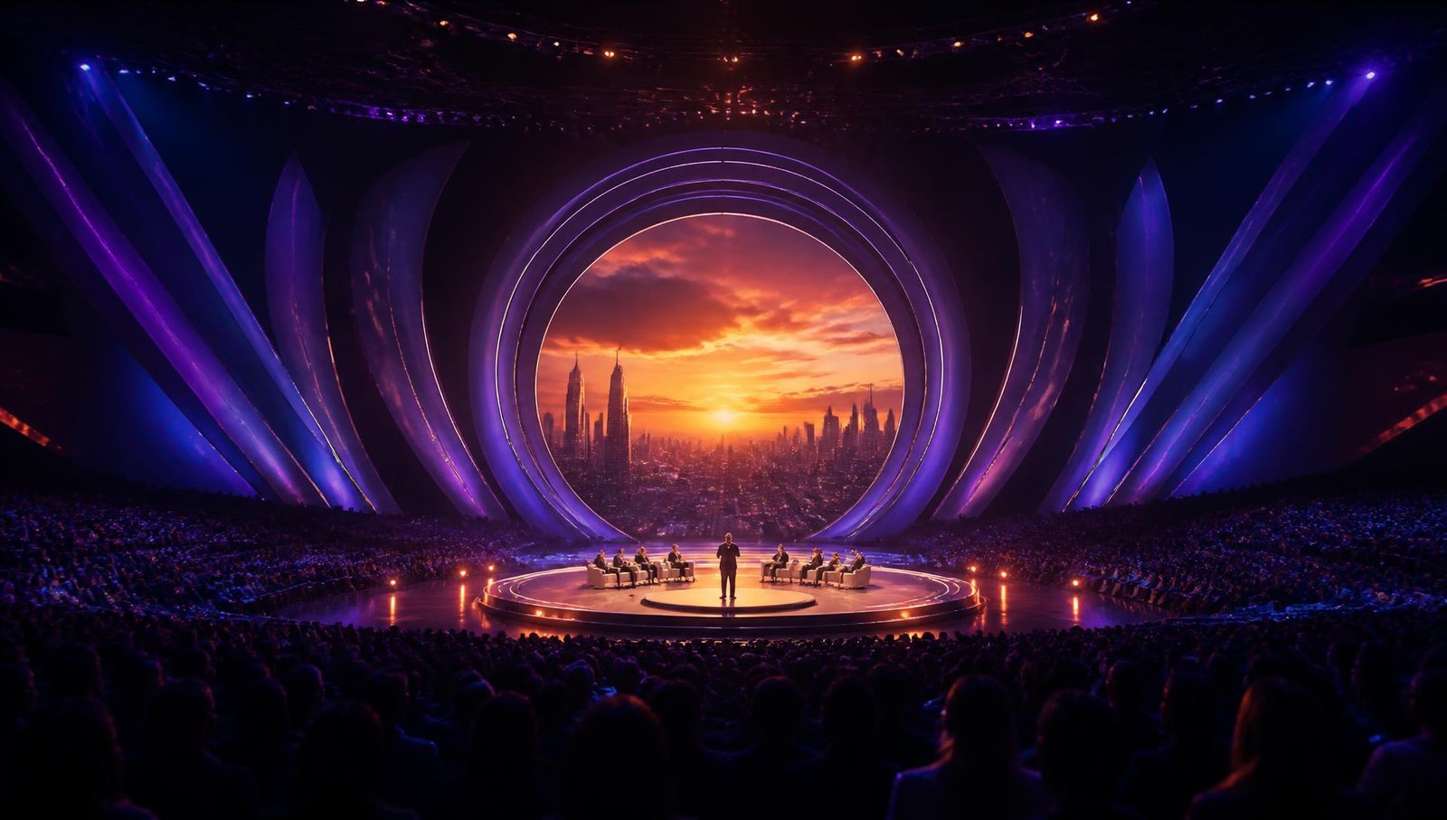 A vast summit stage at dusk with an audience of thousands under indigo and amber light