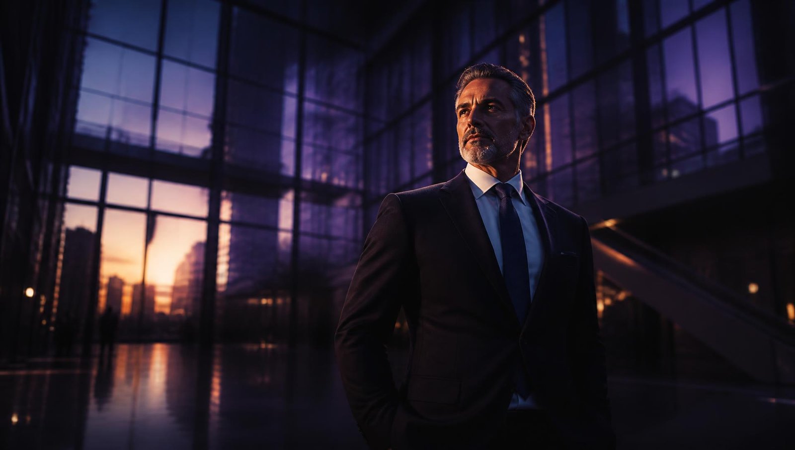 A senior leader standing in a glass atrium at dawn, city skyline behind
